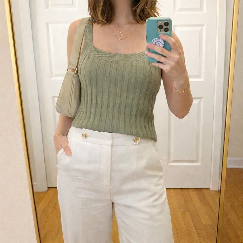 Loft sweater tank top in sage green ribbed 100% cotton blouse Square Neckline M